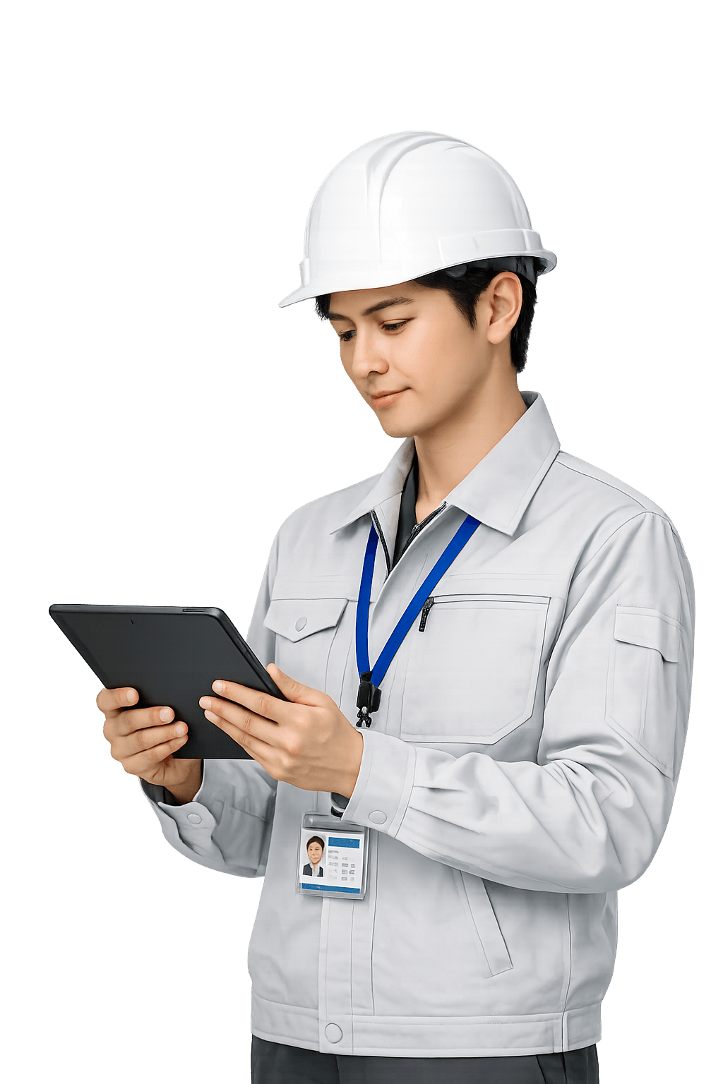 タブレットでアスベスト事前調査記録を入力する調査員